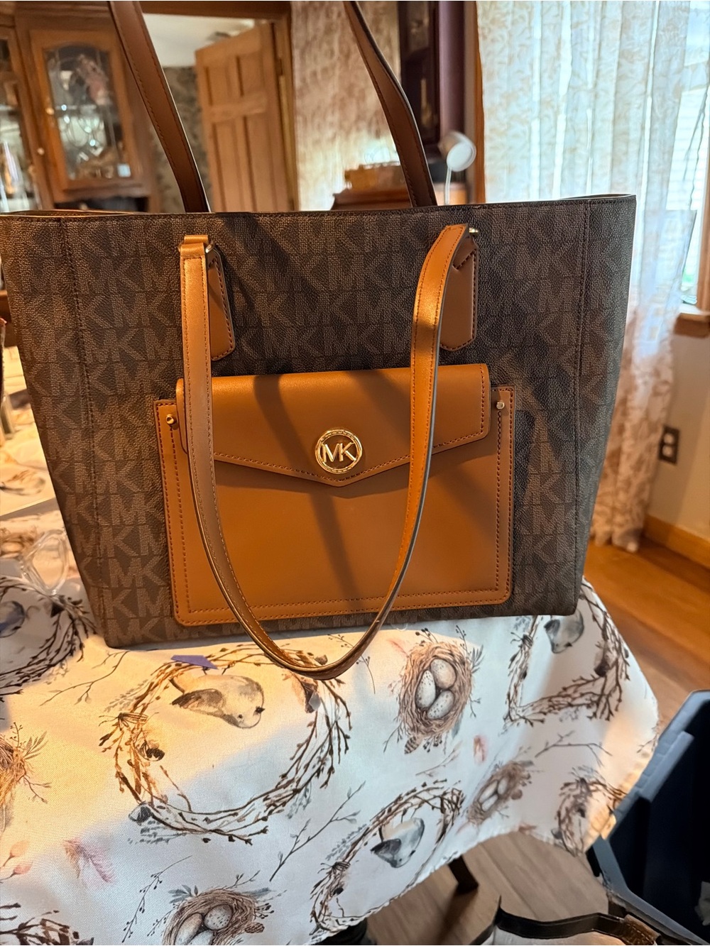 Michael Kors Brown Logo Tote with Cognac Front Pocket